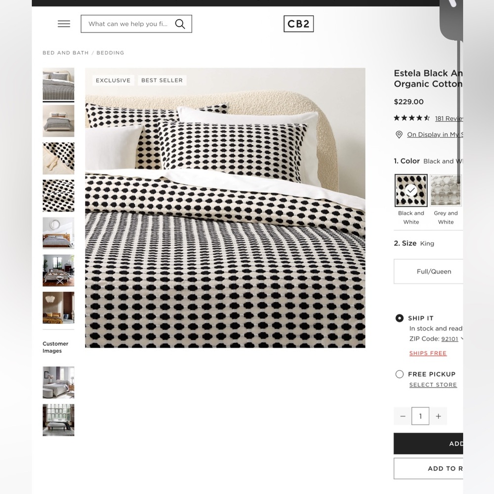 CB2 Estela Black and White Organic Cotton Bedding Set